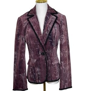 Vintage DStudio Velvet Blazer Women 6 Purple Floral Beaded Trim Embellished